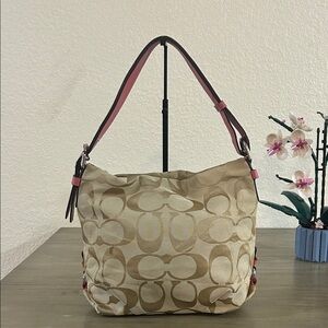 Coach F15067 Beige and Pink Shoulder Monogram Canvas and Leather Bag